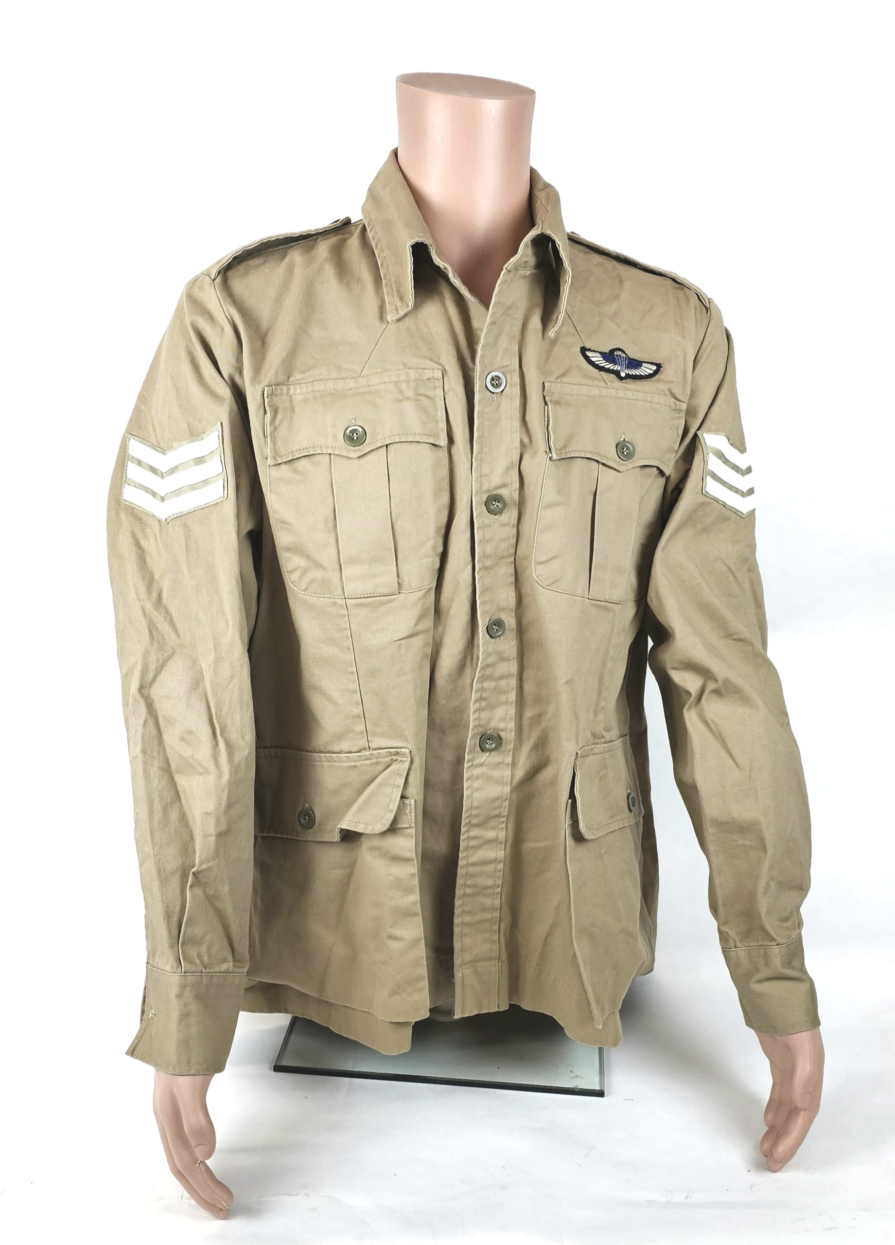 Blowout WW2 British Army Khaki Drill KD 4 Pocket Desert Bush Jacket by Kay Canvas, SAS Wings, SGT Rank, Sz 44